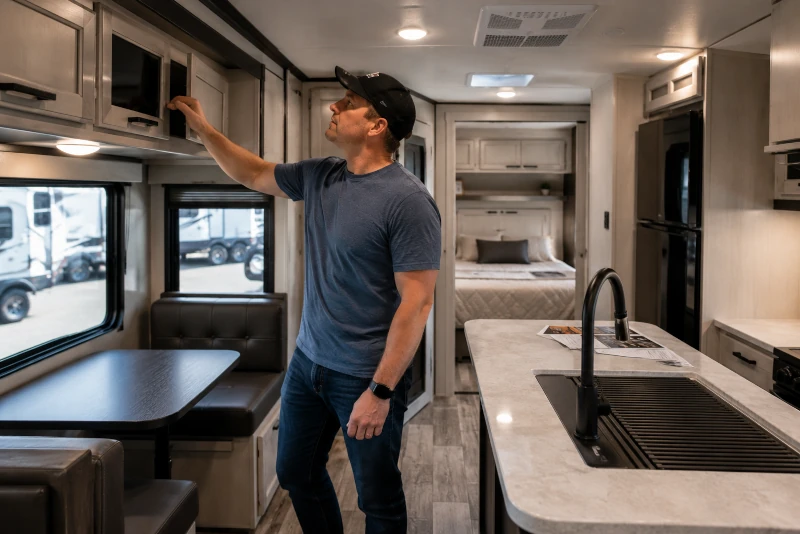 First-time buyer inspecting a travel trailer interior