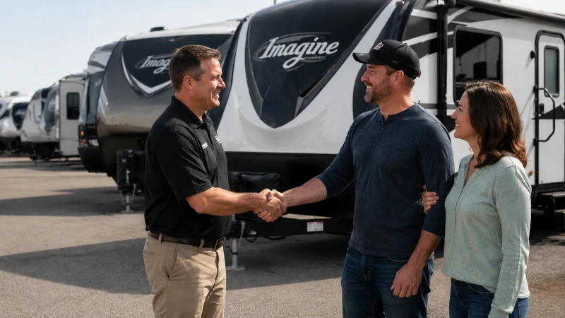 Independent RV dealer shaking hands with a buyer
