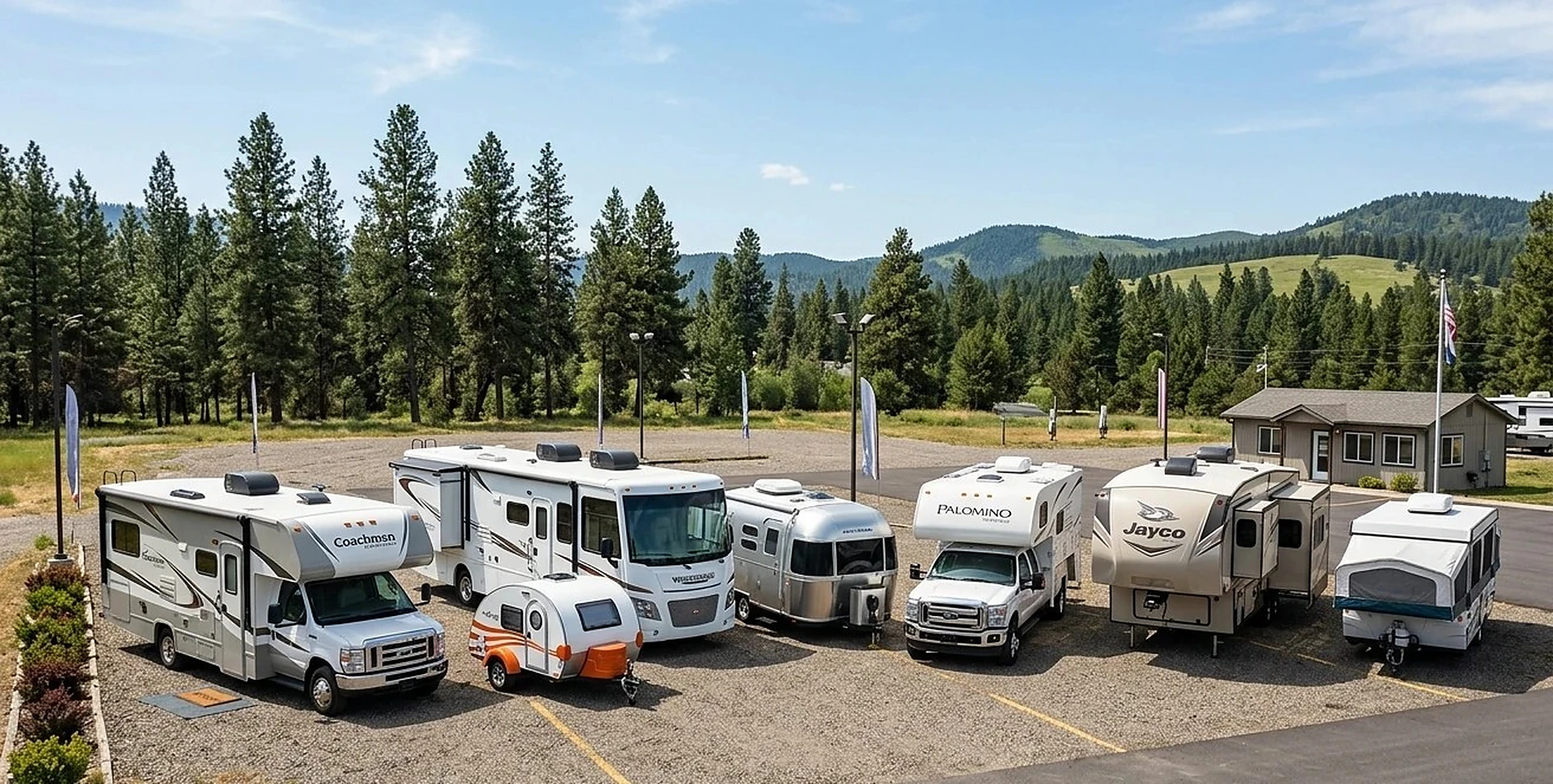 Row of new travel trailers, fifth wheels, and motorhomes on an independent RV dealer lot — RV Dealz, nationwide lowest-price RV matching
